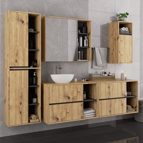 AKORD VAMI W90 Tükrös Fürdőszobai Fali Szekrény Artisan Tölgy-Szürke