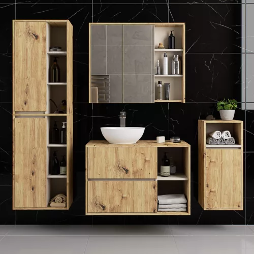 AKORD VAMI W90 Tükrös Fürdőszobai Fali Szekrény Artisan Tölgy/Kasmír