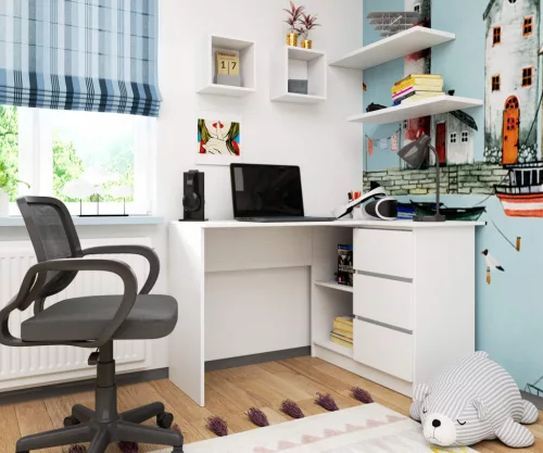 AKORD B16 Sarok Íróasztal 124 cm Fehér 3 Fiókos