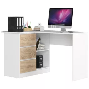   AKORD B16 Sarok Számítógépasztal 3 Fiókos Fehér/Sonoma Tölgy 124 cm Balos