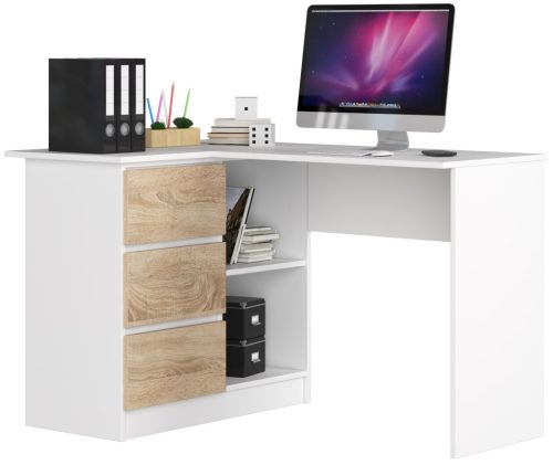 AKORD B16 Sarok Számítógépasztal 3 Fiókos Fehér/Sonoma Tölgy 124 cm Balos