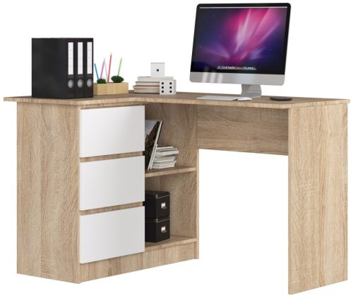 AKORD CLP Sarok Íróasztal 124 cm Sonoma Tölgy Fehér 3 Fiókos Bal
