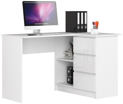 AKORD B16 Sarok Számítógépasztal 124 cm Fehér Magasfényű 3 Fiókos