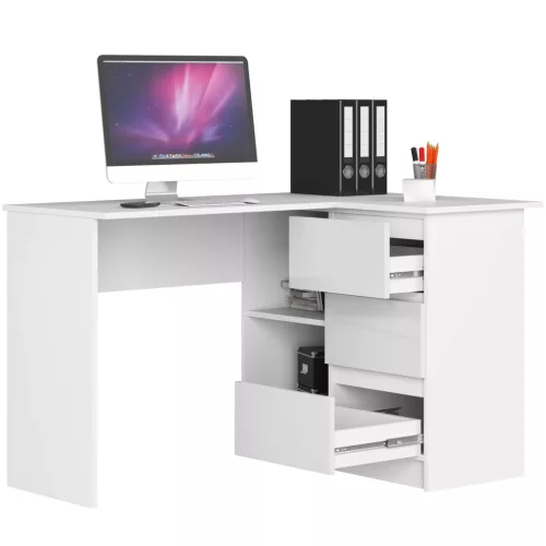 AKORD B16 Sarok Számítógépasztal 124 cm Fehér Magasfényű 3 Fiókos