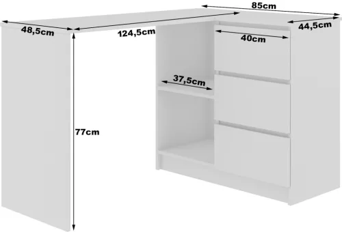 AKORD B16 Sarok Számítógépasztal 124 cm Fehér Magasfényű 3 Fiókos