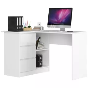   AKORD B16 Sarok Számítógépasztal 124 cm Fehér Matt/Magasfényű 3 Fiókos