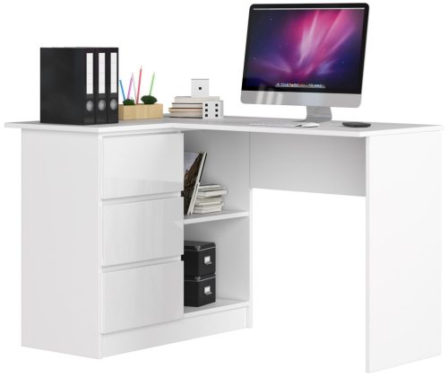 AKORD B16 Sarok Számítógépasztal 124 cm Fehér Matt/Magasfényű 3 Fiókos