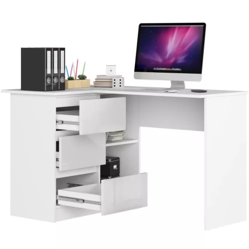 AKORD B16 Sarok Számítógépasztal 124 cm Fehér Matt/Magasfényű 3 Fiókos