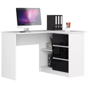   AKORD B16 Sarok Íróasztal 124 cm Jobbos 3 Fiókos Fehér/Fekete Magasfényű