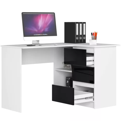 AKORD B16 Sarok Íróasztal 124 cm Jobbos 3 Fiókos Fehér/Fekete Magasfényű
