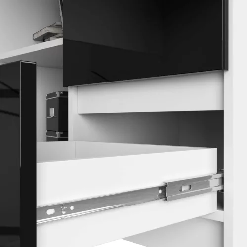 AKORD B16 Sarok Íróasztal 124 cm Jobbos 3 Fiókos Fehér/Fekete Magasfényű