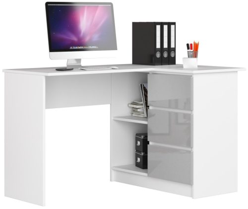 AKORD B16 Sarok Számítógépasztal 124 cm Fehér Magasfényű Metál