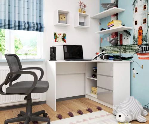 AKORD B16 Sarok Számítógépasztal 124 cm Fehér Magasfényű Metál