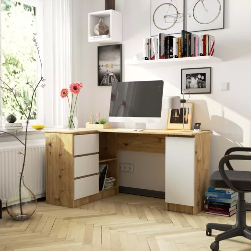 AKORD B20 Sarok Íróasztal Artisan Tölgy Fehér 155 cm Balos 3 Fiókos