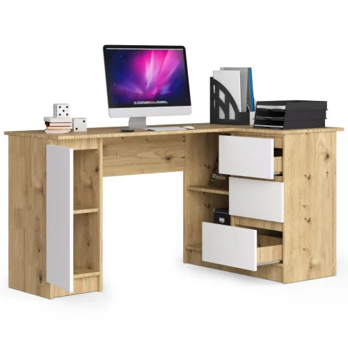 AKORD B20 Sarok Íróasztal Artisan Tölgy-Fehér 155 cm 3 Fiókos