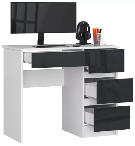 AKORD A-7 Számítógépasztal 90 cm Fehér/Grafit Magasfényű 4 Fiókos