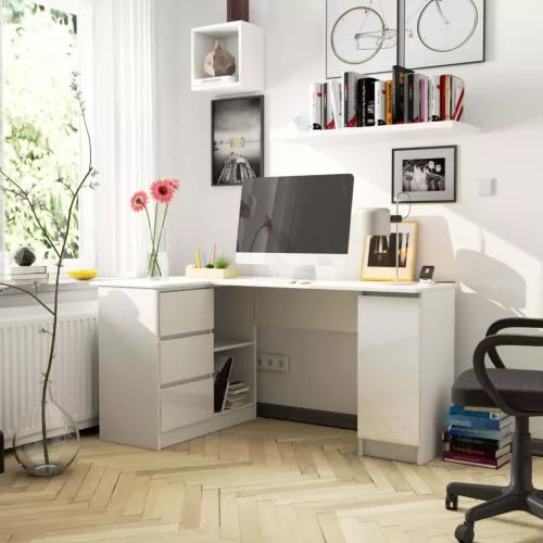 AKORD B20 Sarok Számítógépasztal Laminált Fehér Magasfényű 155 cm Bal