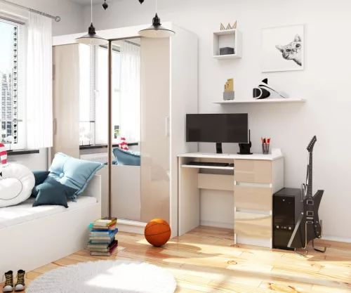 AKORD CLP A-6 Számítógépasztal Laminált Fehér-Cappuccino Magasfényű 3 Fiókos