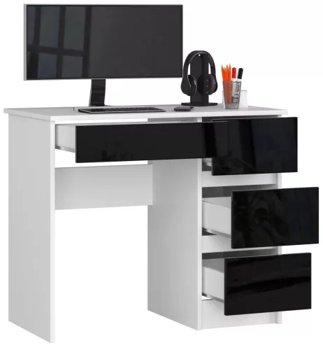 AKORD A-7 Kompakt Számítógépasztal Laminált Fehér-Fekete Magasfényű 90cm Jobbos