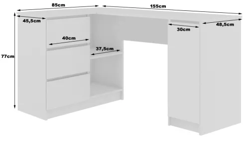 AKORD B20 Sarok Számítógépasztal Fehér Matt Metál Magasfényű 155 cm Bal