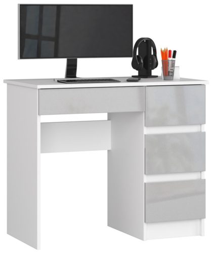 AKORD A-7 Számítógépasztal 90 cm Jobbos Fehér/Metál Magasfényű