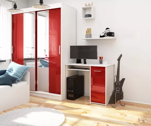 AKORD PIN Számítógépasztal Fehér/Piros Magasfényű MDF