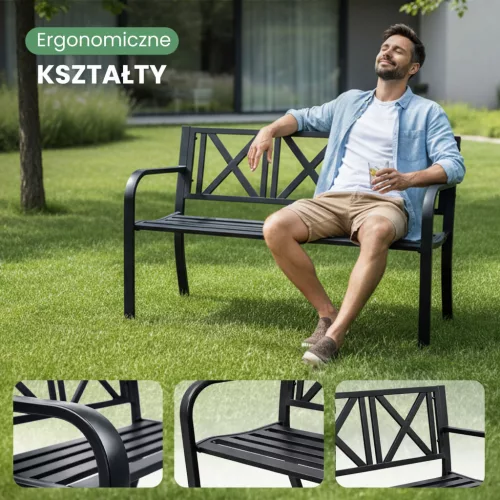 AKORD CROSS Kerti pad fém fekete geometrikus mintás támlával 119 cm