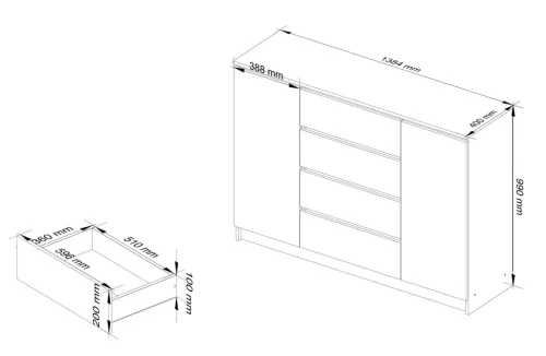 AKORD CLP Artisan Komód 138 Laminált Tölgy-Fehér 4 Fiókos