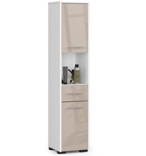 AKORD FIN Fürdőszobai Oszlopszekrény 140cm Fehér-Cappuccino Magasfényű