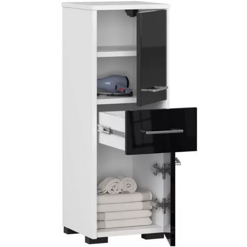 FIN Fürdőszobai Magasszekrény 30 2D 1F 85cm Fekete Magasfényű