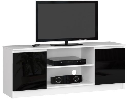 AKORD Modern TV Szekrény 140 Fehér Magasfényű Fekete Ajtókkal