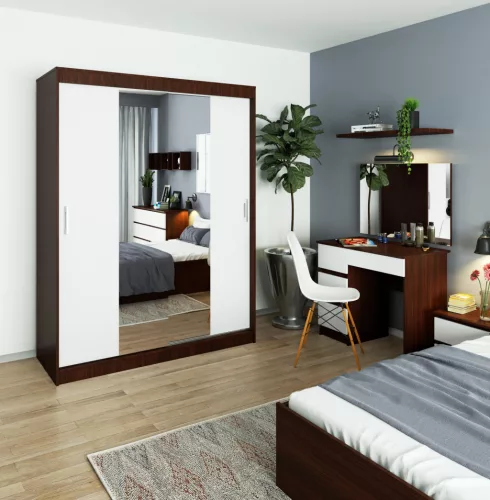 AKORD CLP Tolóajtós Szekrény Wenge-Fehér Tükörrel 150cm