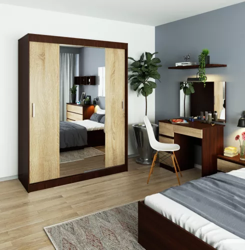 AKORD CLP Tolóajtós Szekrény Wenge Sonoma Tükörrel 150cm