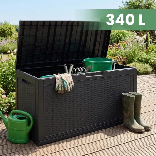 AKORD Furniture Factory 340L kerti tároló láda vízálló polipropilén fekete rattan mintázattal