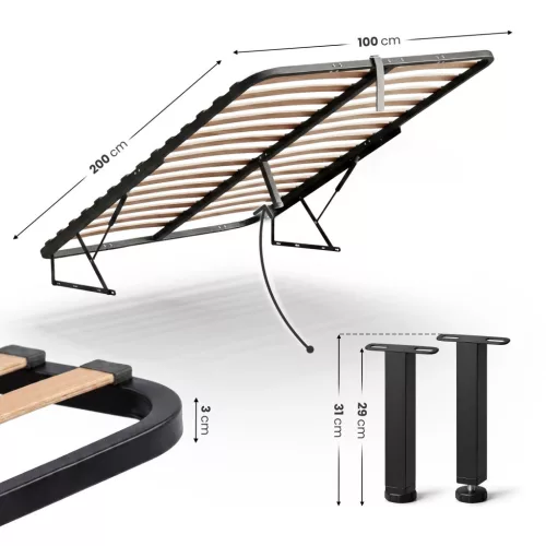 AKORD Furniture Factory Fém Ágyrács Emelőmechanizmussal 28 Léccel Fekete 100x200 cm