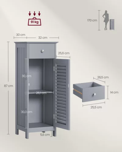 VASAGLE Modern Fürdőszobai Állószekrény MDF Misztikus Szürke 4 Fiókos