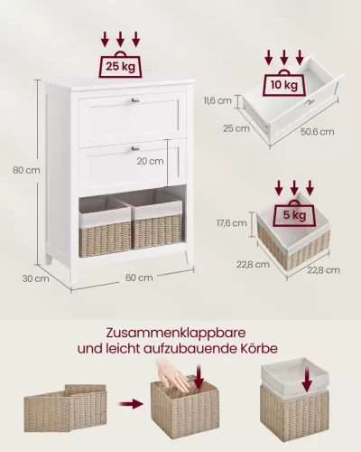 VASAGLE Fürdőszobai Tároló Szekrény 2 Fiókkal és 2 Kosárral MDF Felhőfehér 30 x 60 x 80 cm