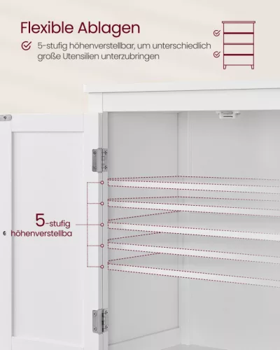 VASAGLE Fürdőszobai Tároló Szekrény MDF Fehér 4 Ajtós Állítható Polcokkal