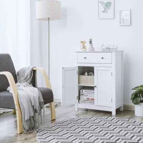 VASAGLE Vidéki Stílusú Fehér Fürdőszobaszekrény MDF Tárolófiókkal