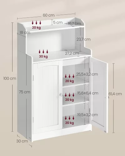 VASAGLE Fürdőszobai Szekrény Állítható Polcokkal Felhőfehér