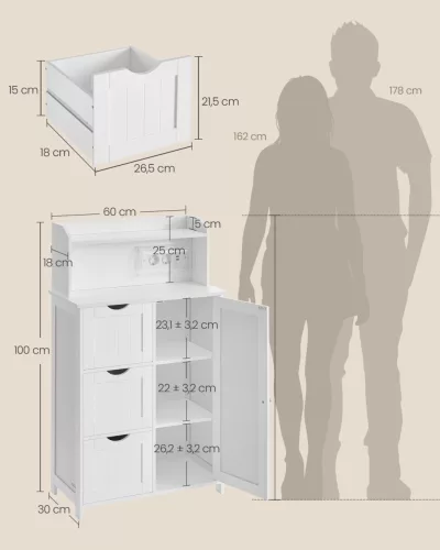 VASAGLE fürdőszobai szekrény beépített töltőállomással fiókokkal és állítható polcokkal 30 x 60 x 100 cm felhőfehér