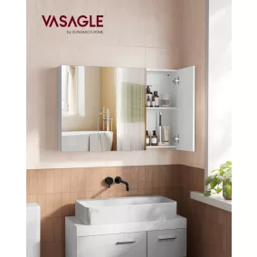   VASAGLE BBK032W01 fürdőszobai tükrös szekrény 3 ajtóval fehér 90 x 60 x 15 cm