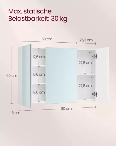 VASAGLE BBK032W01 fürdőszobai tükrös szekrény 3 ajtóval fehér 90 x 60 x 15 cm