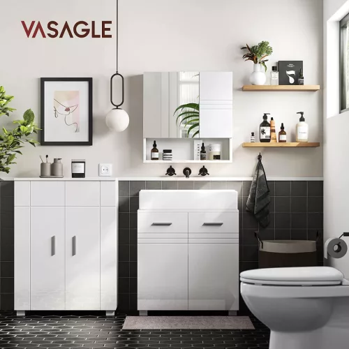 VASAGLE Modern Tükrös Fürdőszobai Fali Szekrény Állítható Polcokkal Magasfényű Fehér
