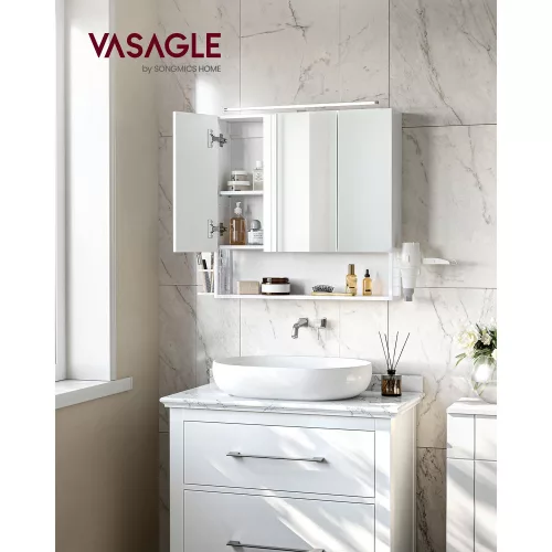 VASAGLE Modern Fürdőszobai Tükrös Szekrény LED Világítással Fehér