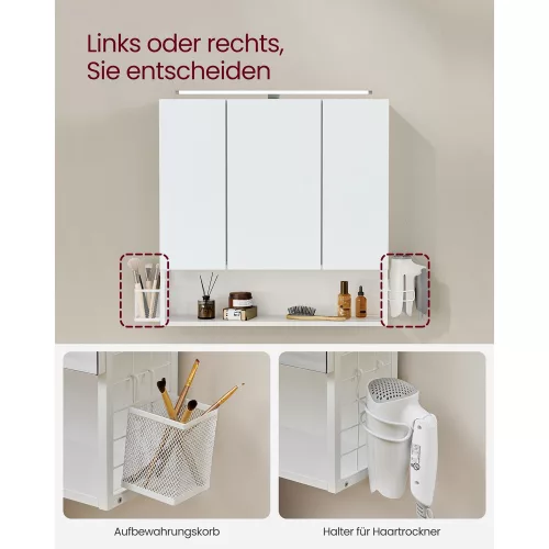VASAGLE Modern Fürdőszobai Tükrös Szekrény LED Világítással Fehér