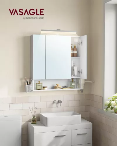 VASAGLE BBK126W01 Tükrös Fürdőszobai Fali Szekrény LED Világítással Felhőfehér
