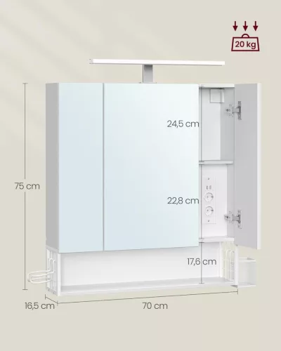 VASAGLE BBK126W01 Tükrös Fürdőszobai Fali Szekrény LED Világítással Felhőfehér