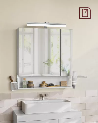 VASAGLE BBK126W01 Tükrös Fürdőszobai Fali Szekrény LED Világítással Felhőfehér