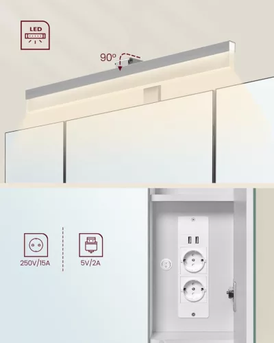 VASAGLE BBK126W01 Tükrös Fürdőszobai Fali Szekrény LED Világítással Felhőfehér
